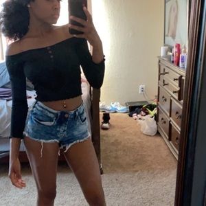 Rib Knit Lettuce Edge Off shoulder crop top.